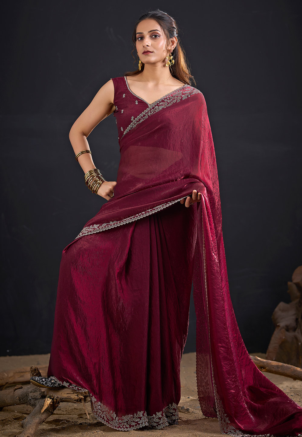 Maroon Satin Silk Saree With Blouse 327586