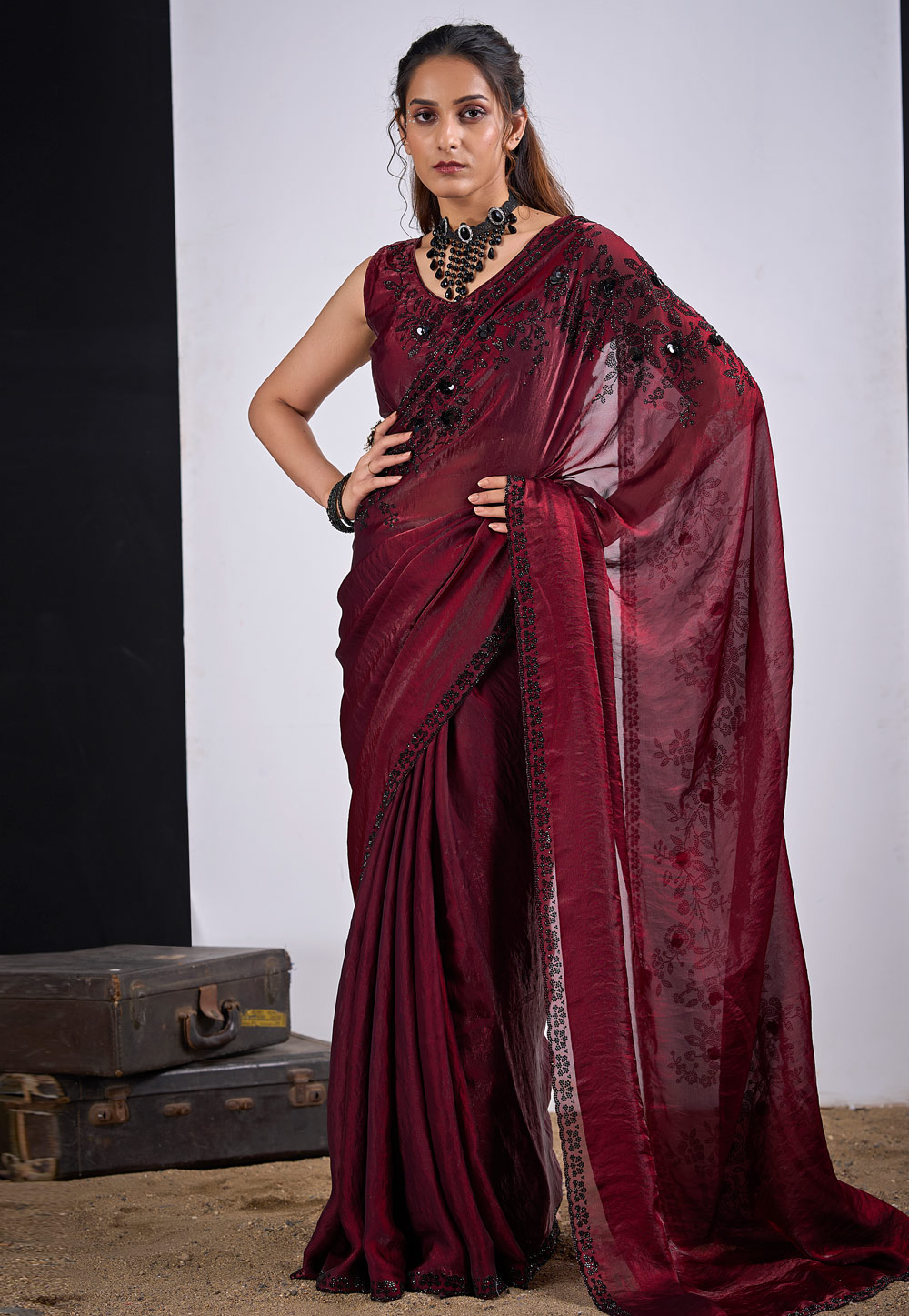 Maroon Satin Silk Saree With Blouse 327577