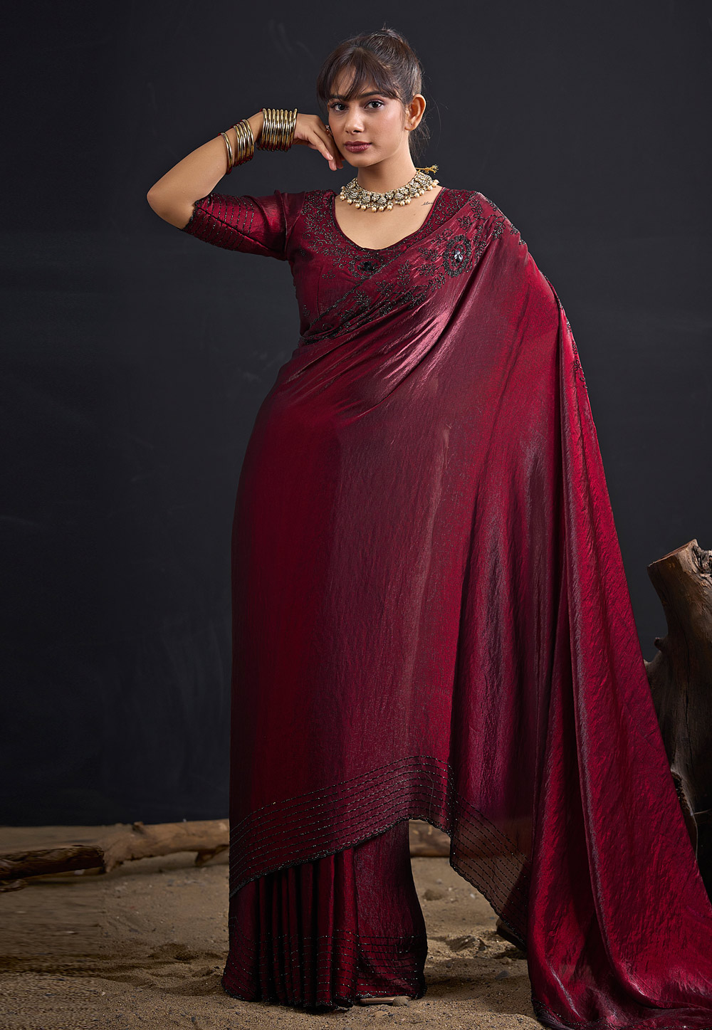 Maroon Satin Silk Saree With Blouse 327617