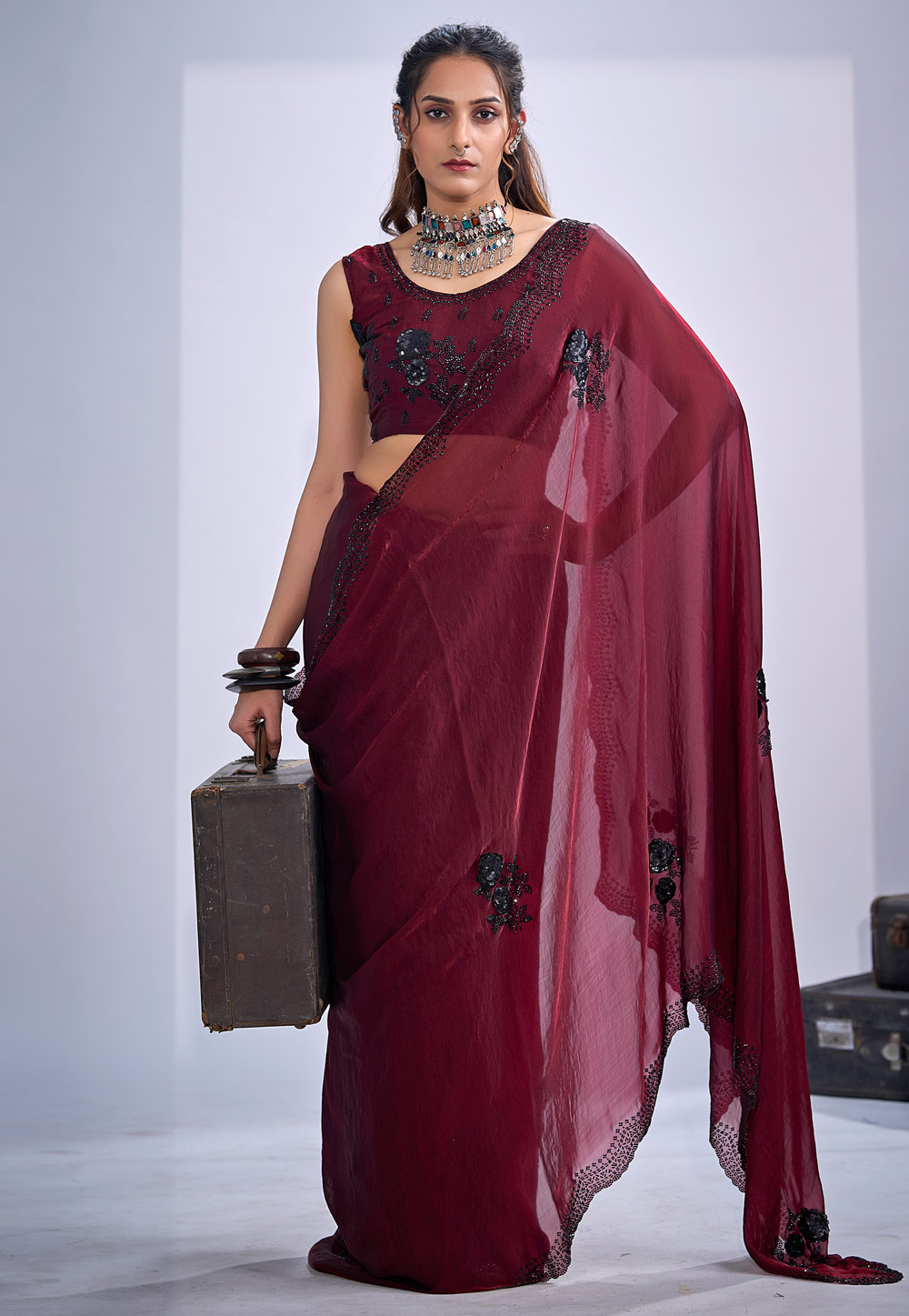 Maroon Satin Silk Saree With Blouse 327593