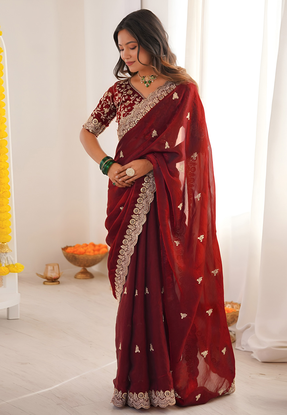 Maroon Satin Silk Saree With Blouse 326669