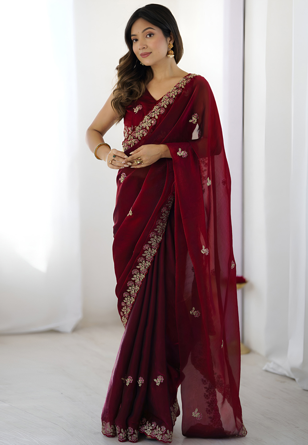 Maroon Satin Silk Saree With Blouse 326673