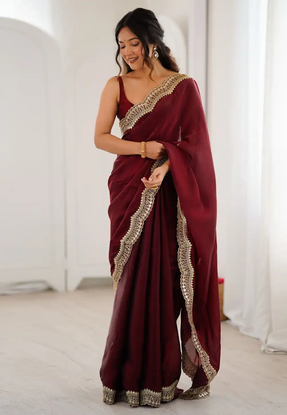 Maroon Satin Silk Saree With Blouse 326709