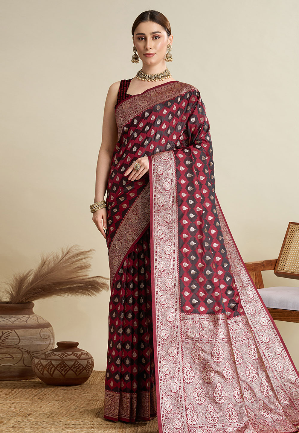 Maroon Satin Silk Saree With Blouse 311598
