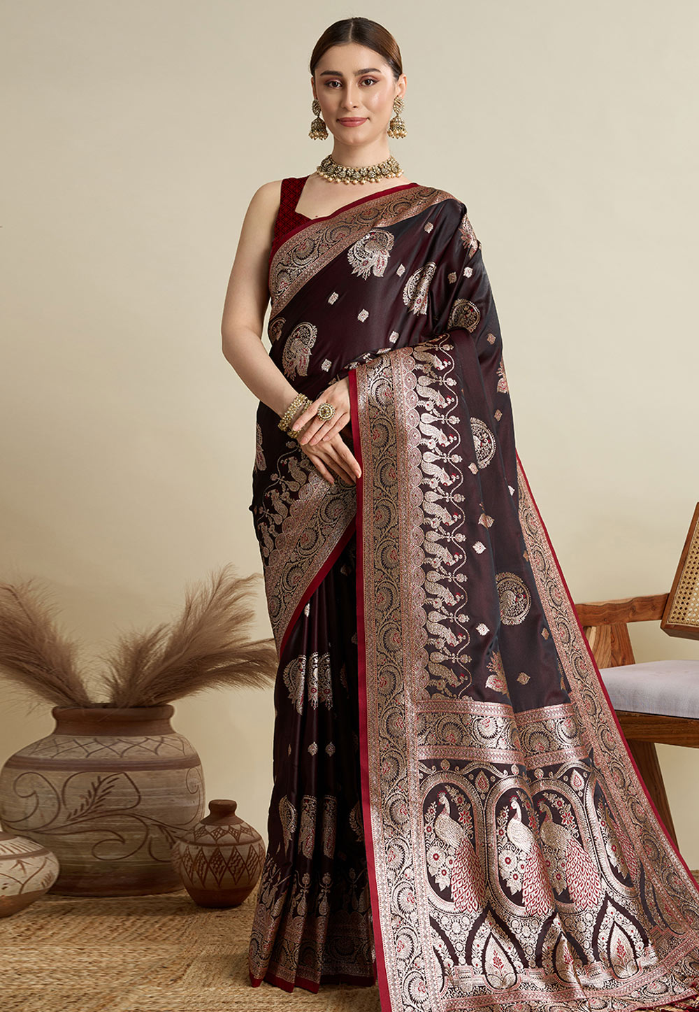 Maroon Satin Silk Saree With Blouse 311608