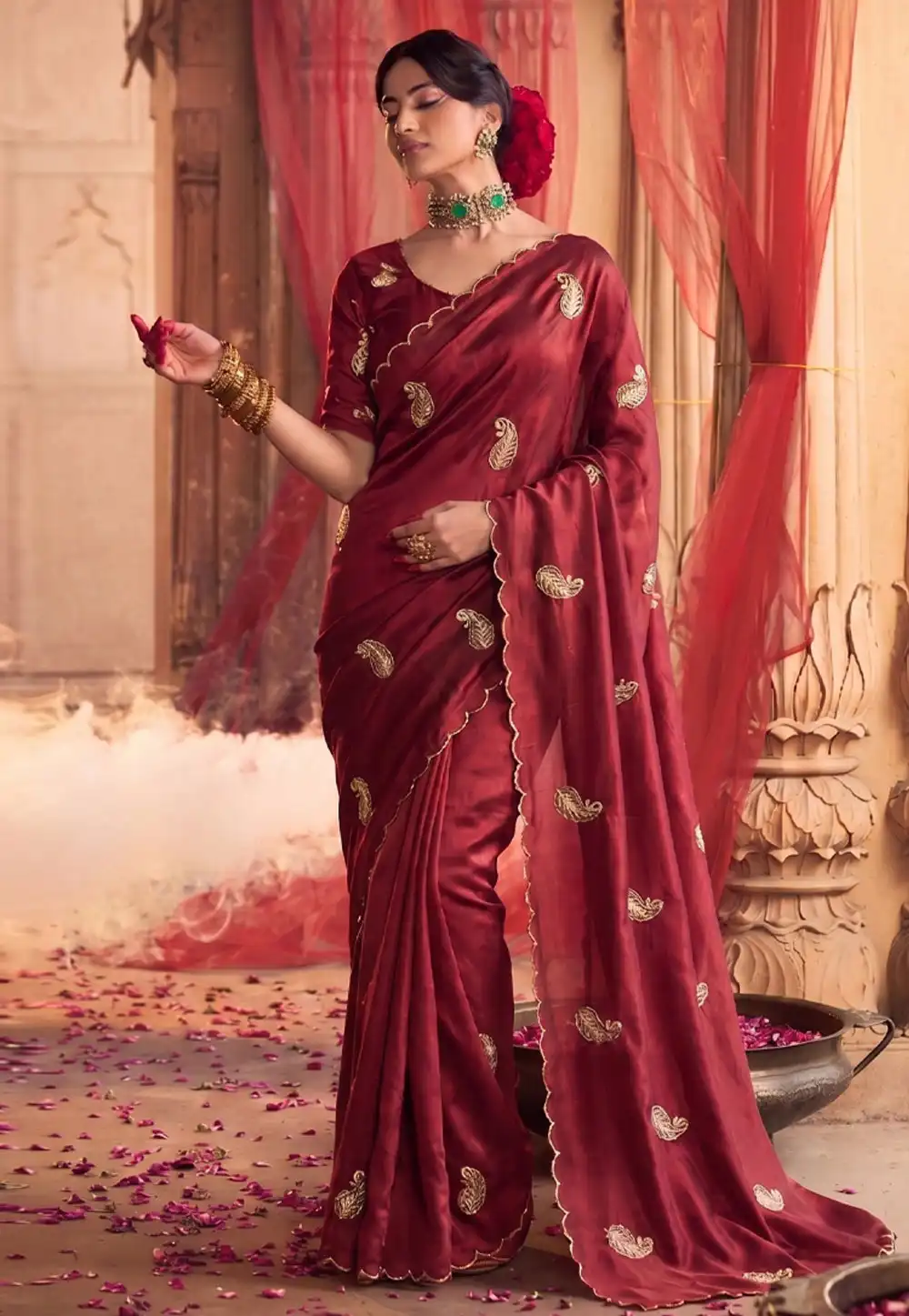 Maroon Satin Silk Saree With Blouse 330026