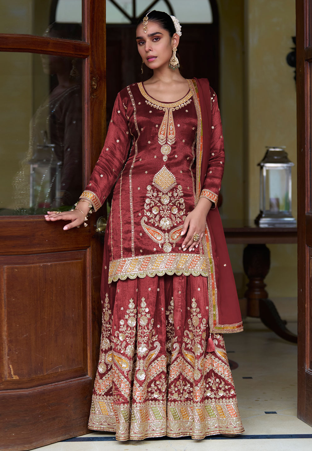 Maroon Shimmer Indo Western Lehenga Choli 319108