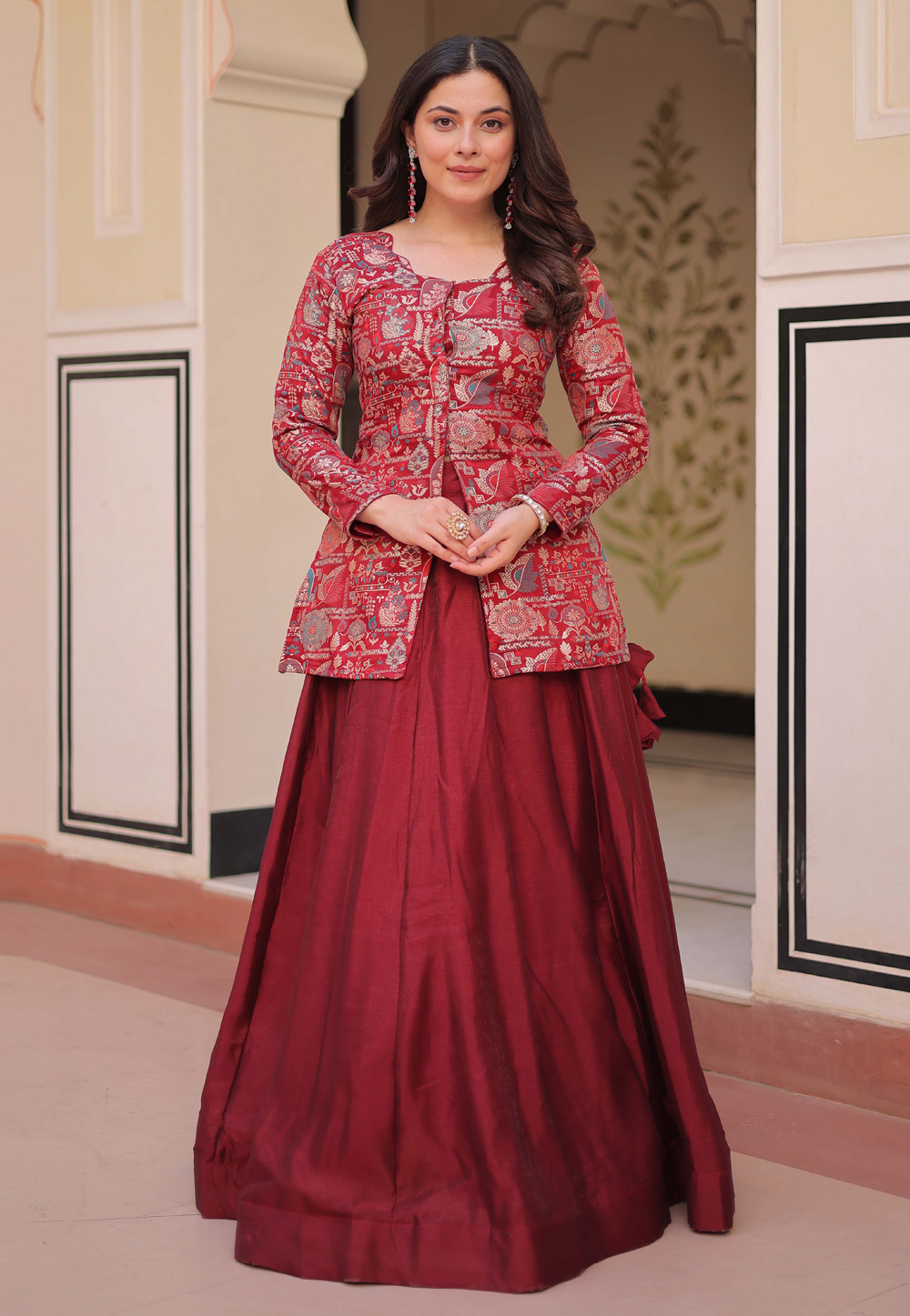 Maroon Shimmer Readymade Indo Western Lehenga Choli 312901