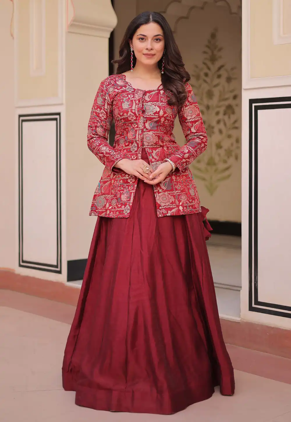 Maroon Shimmer Readymade Indo Western Lehenga Choli 312901