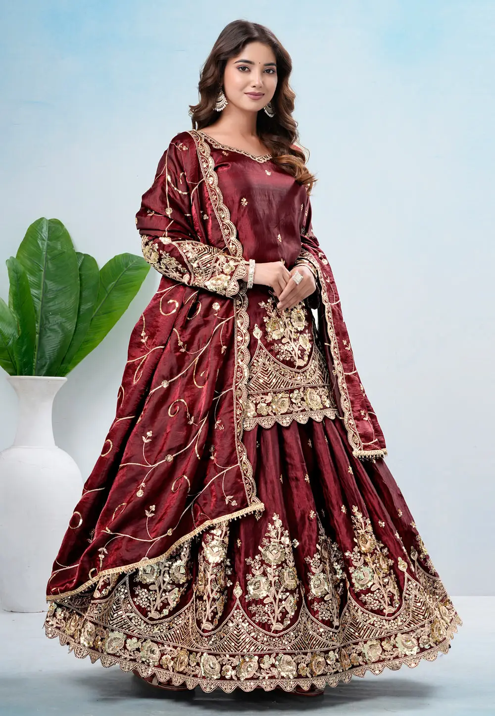 Maroon Shimmer Readymade Indo Western Lehenga Choli 337030