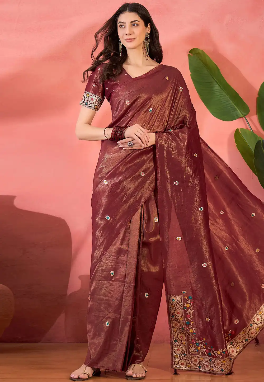 Maroon Shimmer Saree With Blouse 310828
