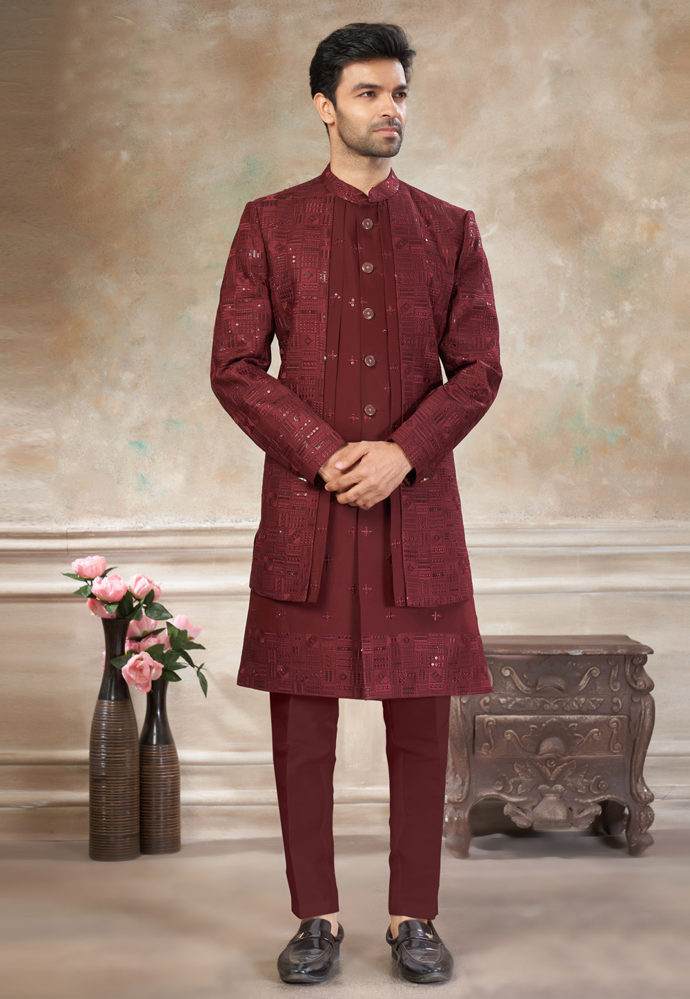 Maroon Silk Indo Western Suit 319065