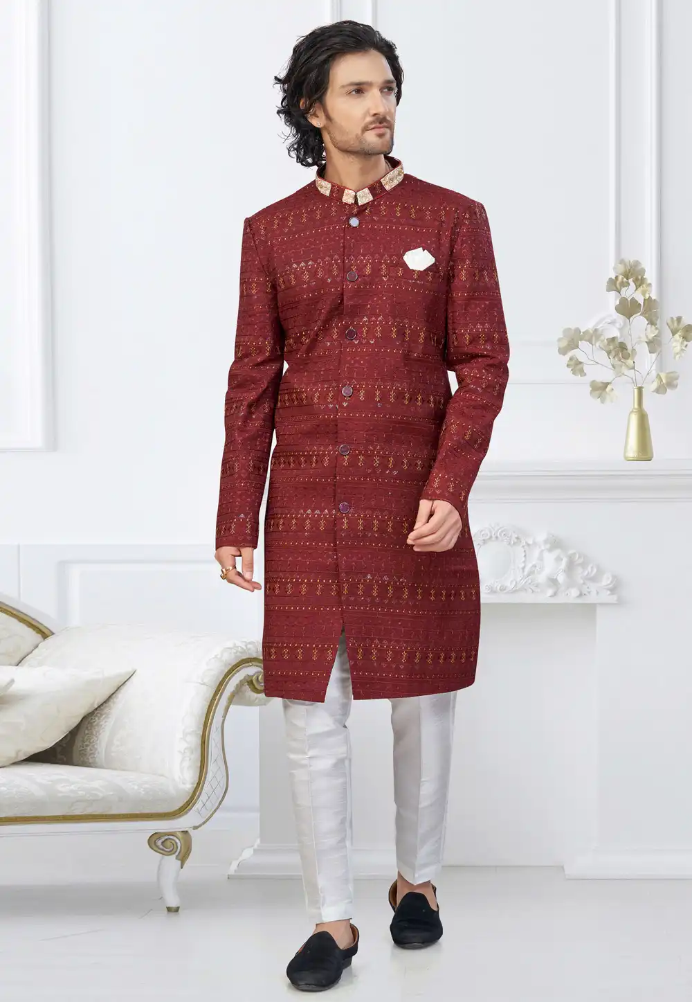 Maroon Silk Indo Western Suit 317879