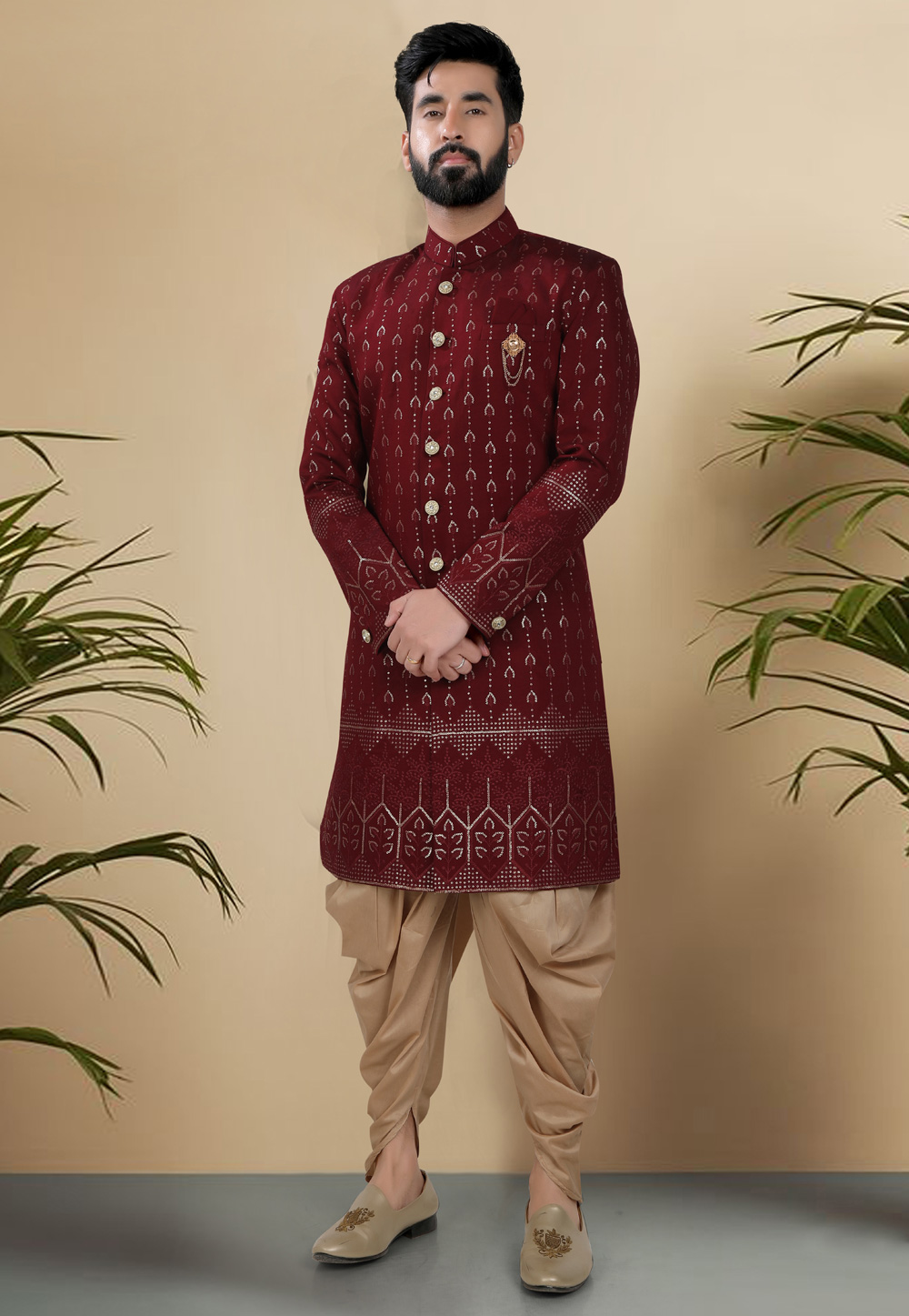 Maroon Silk Indo Western Suit 313100