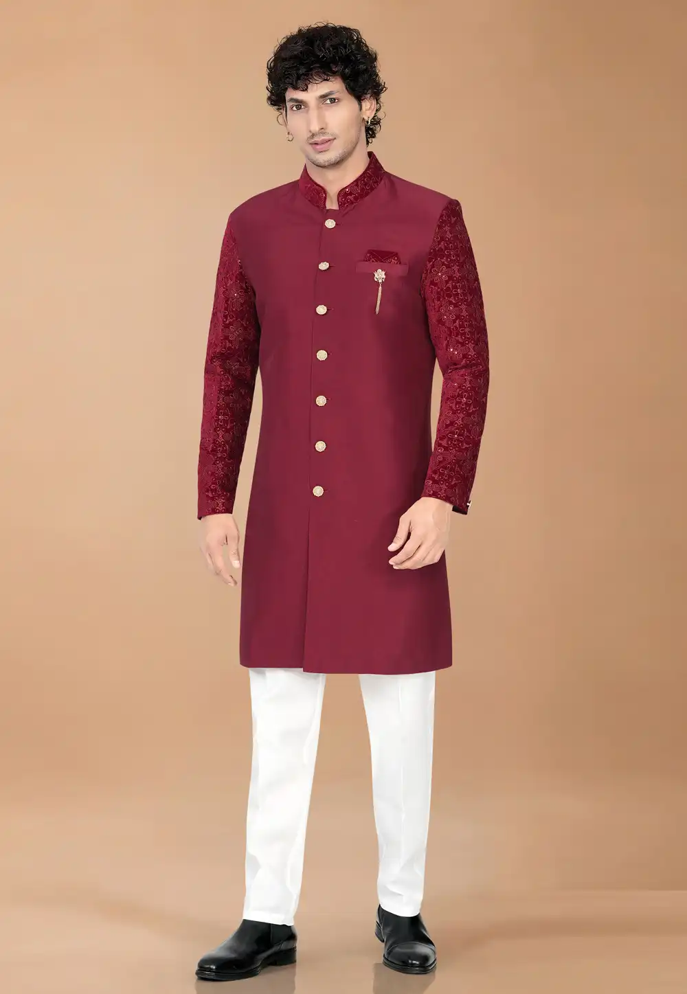 Maroon Silk Indo Western Suit 329886