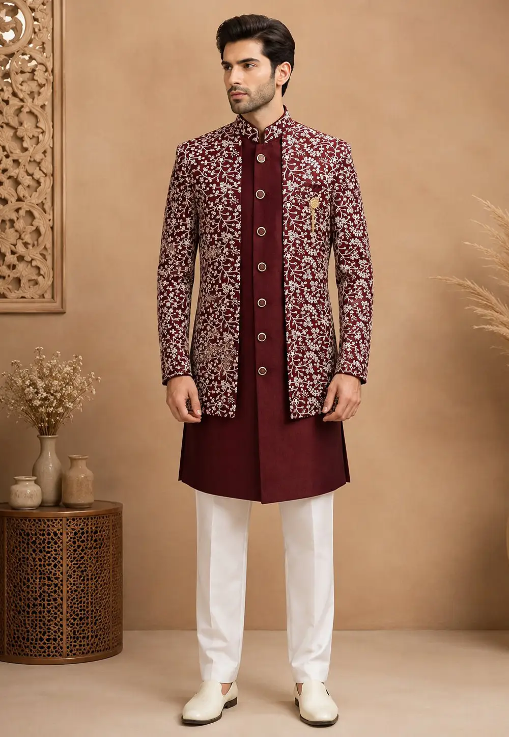 Maroon Silk Indo Western Suit 334977