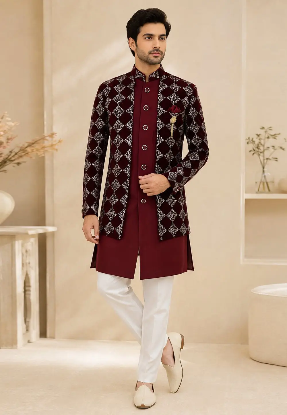 Maroon Silk Indo Western Suit 334979
