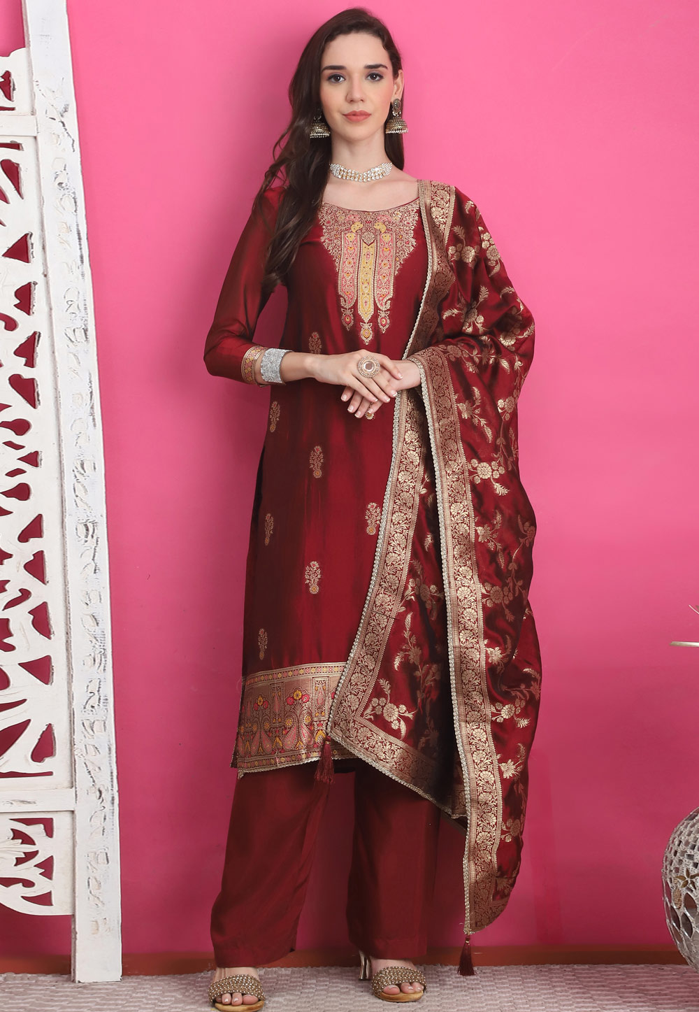 Maroon Silk Jacquard Pant Style Suit 310133