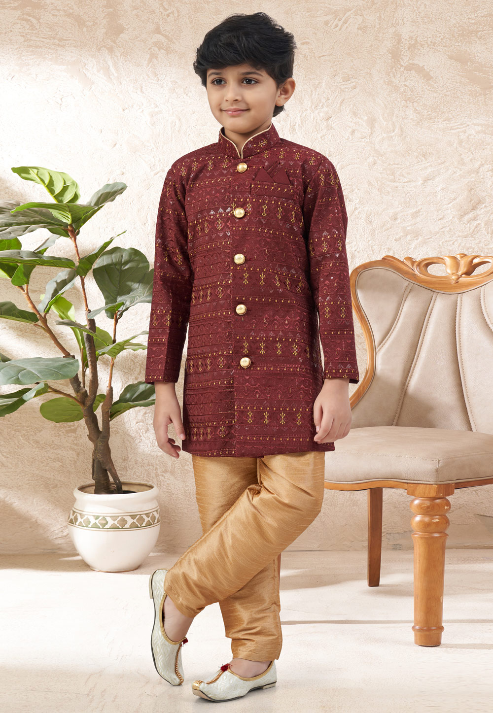 Maroon Silk Kids Indo Western Suit 324270