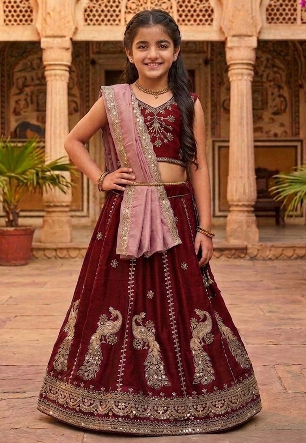 Maroon Silk Kids Lehenga Choli 328273