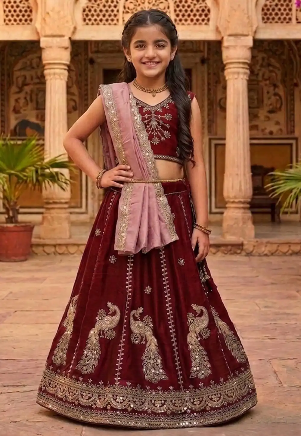 Maroon Silk Kids Lehenga Choli 328273