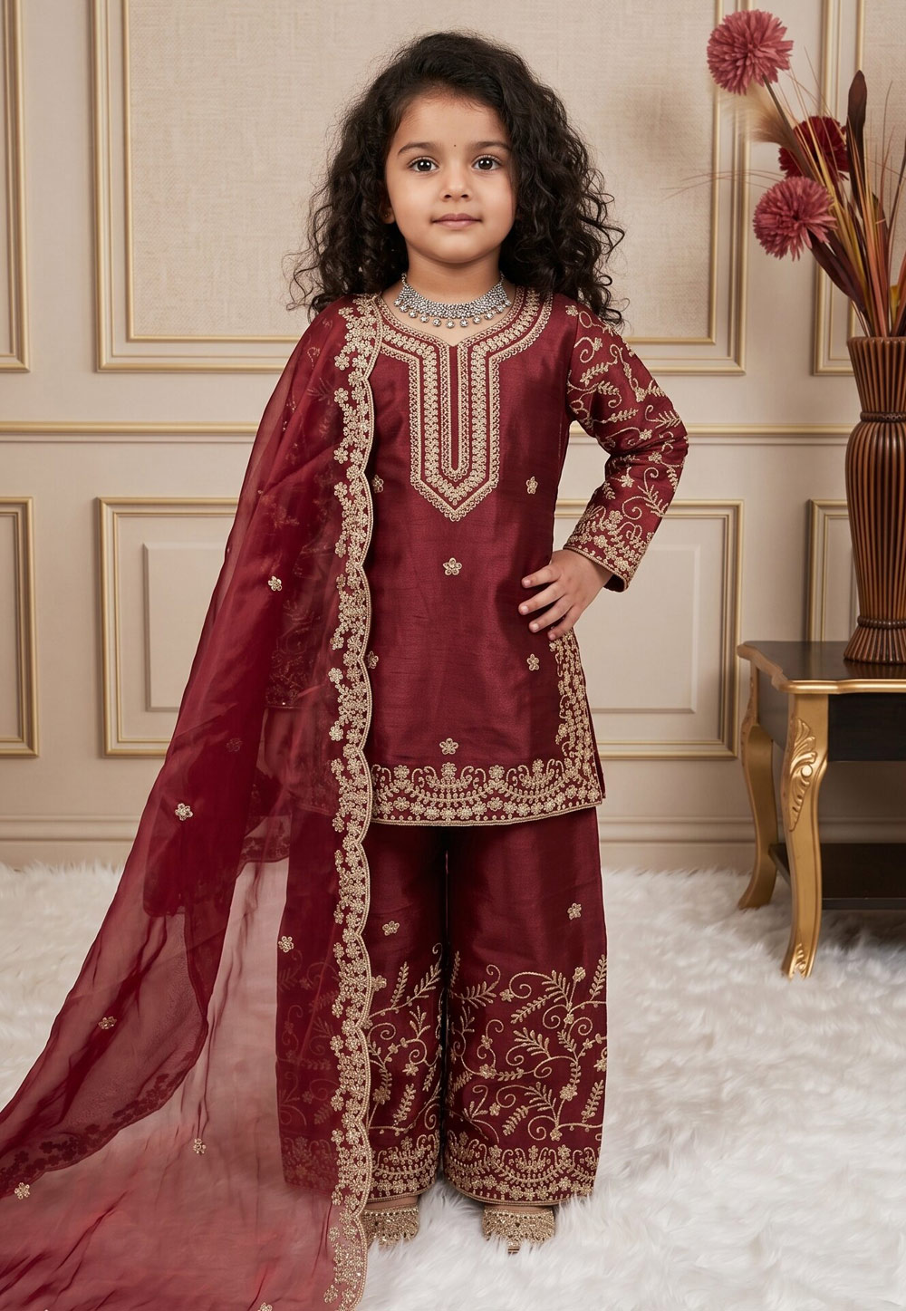 Maroon Silk Kids Palazzo Suit 329480