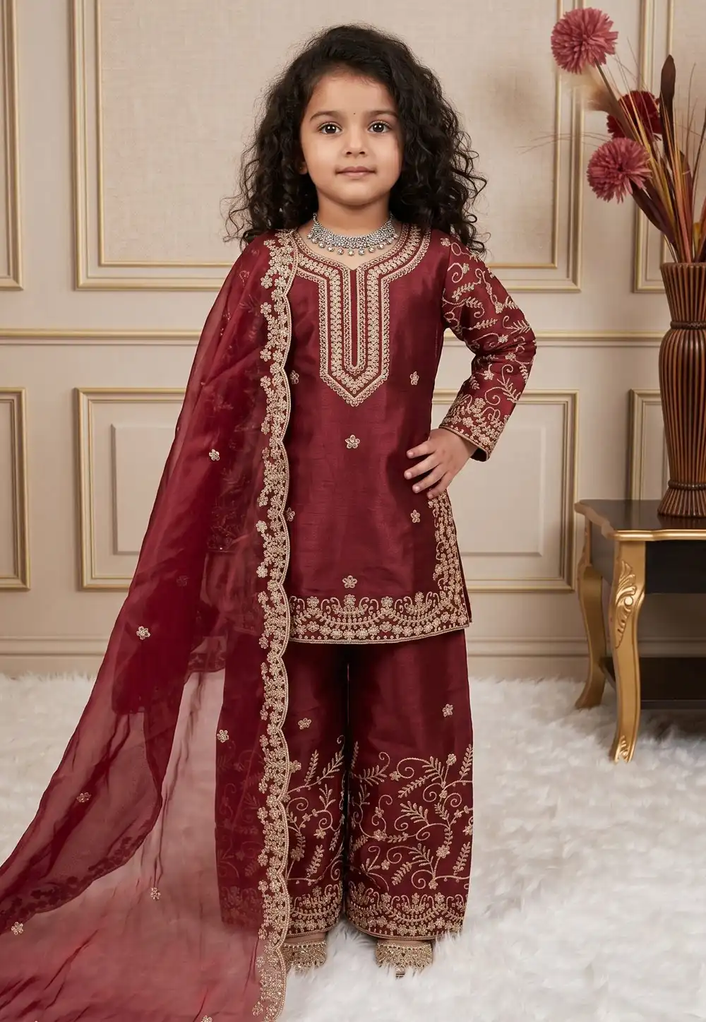 Maroon Silk Kids Palazzo Suit 329480
