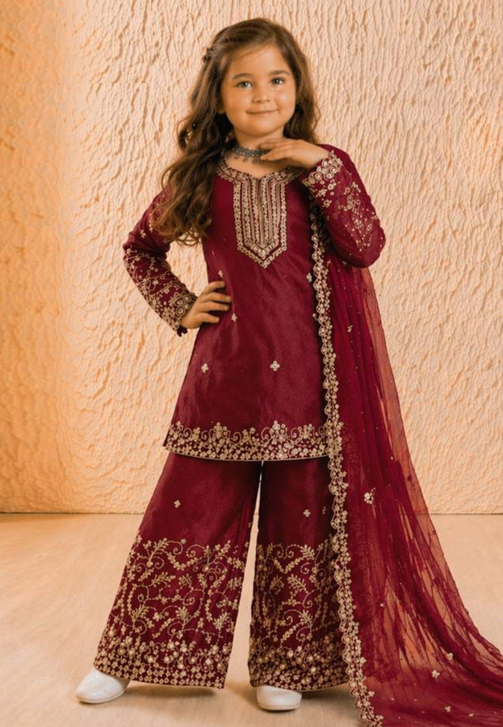 Maroon Silk Kids Palazzo Suit 327200