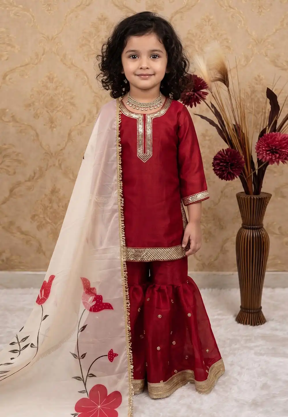 Maroon Silk Kids Sharara Suit 329473