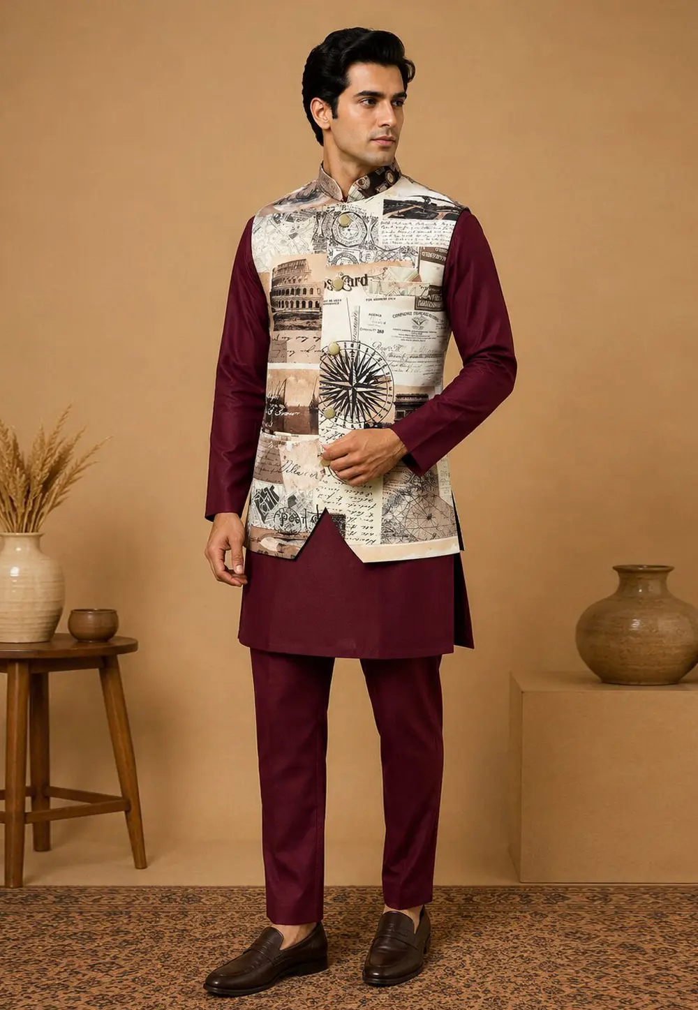 Maroon Silk Kurta Pajama With Jacket 331826