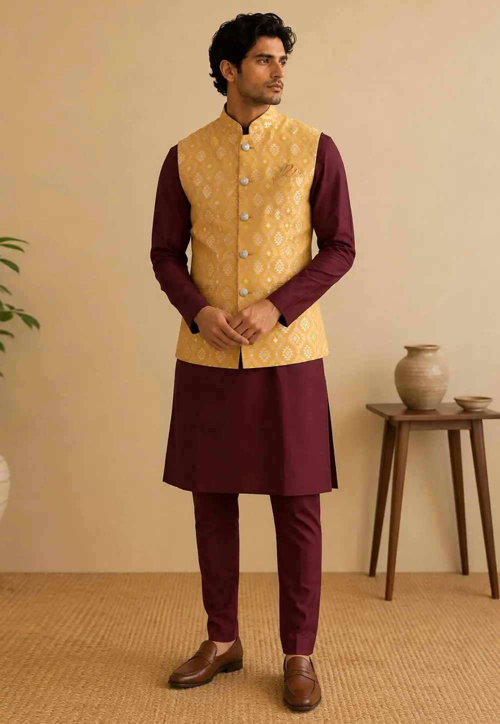 Maroon Silk Kurta Pajama With Jacket 331831