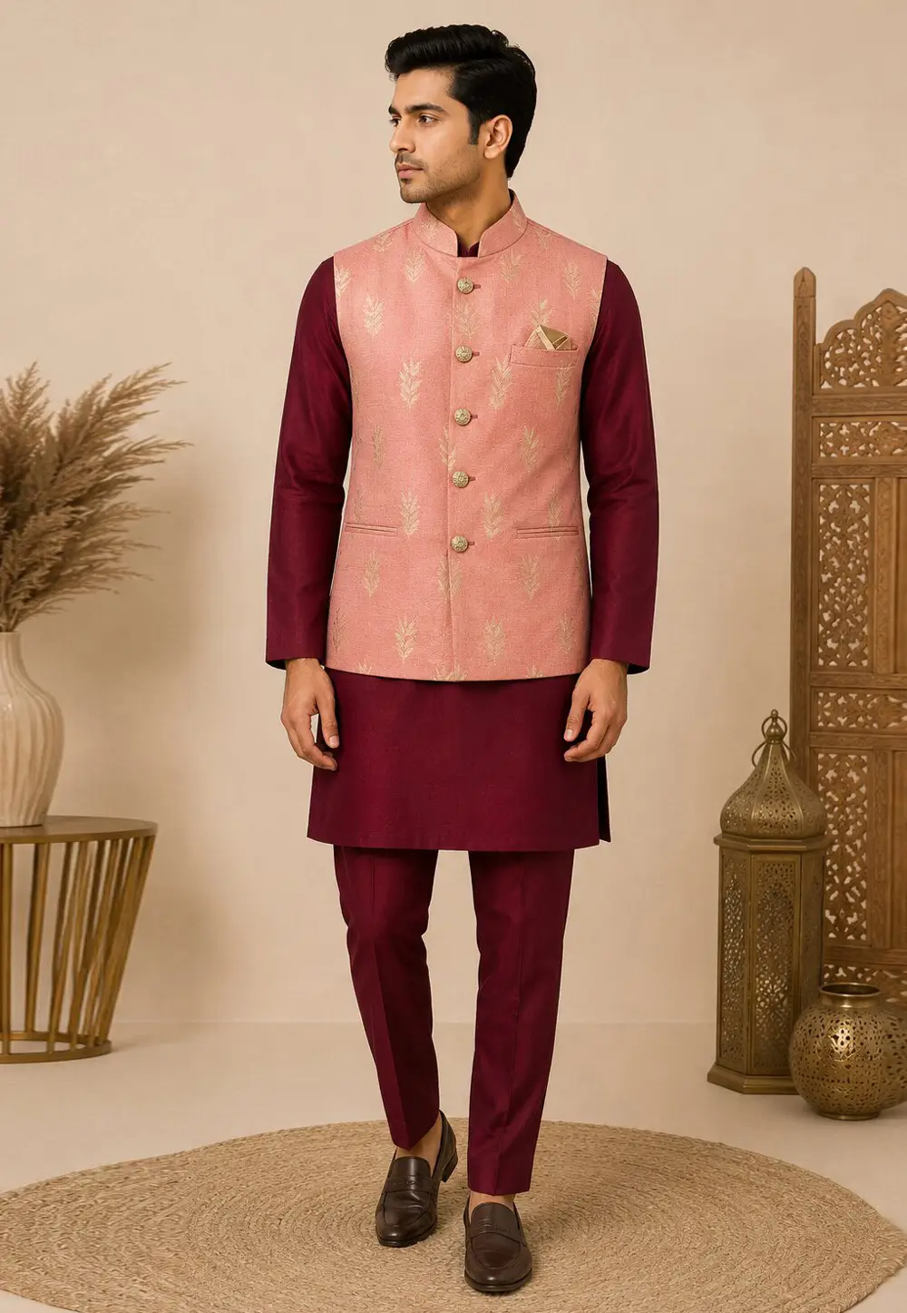 Maroon Silk Kurta Pajama With Jacket 333249