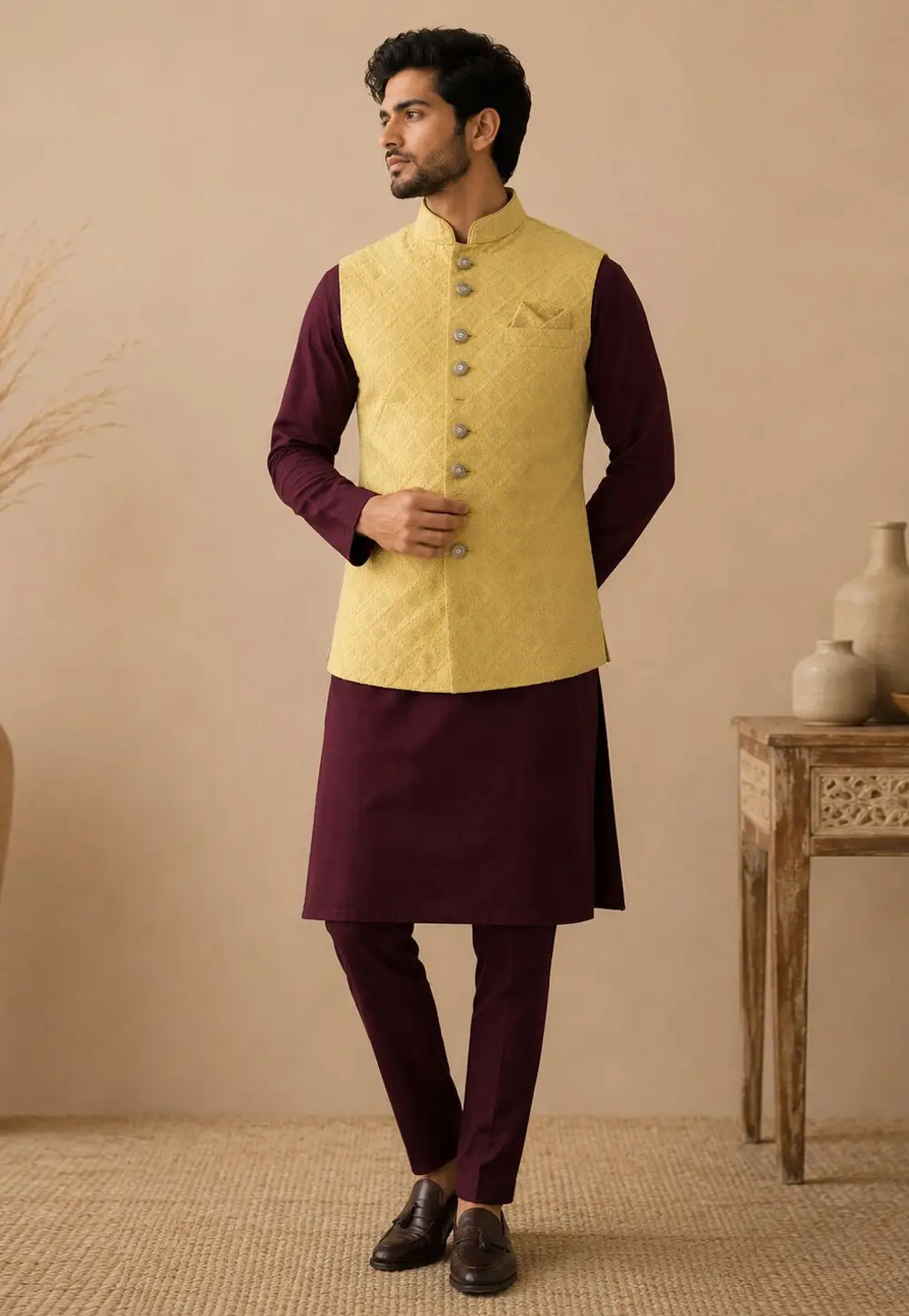 Maroon Silk Kurta Pajama With Jacket 333250