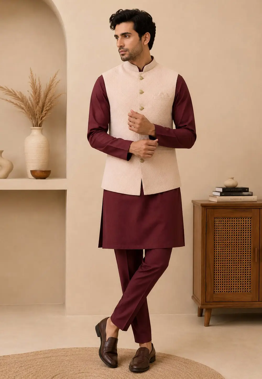 Maroon Silk Kurta Pajama With Jacket 334311