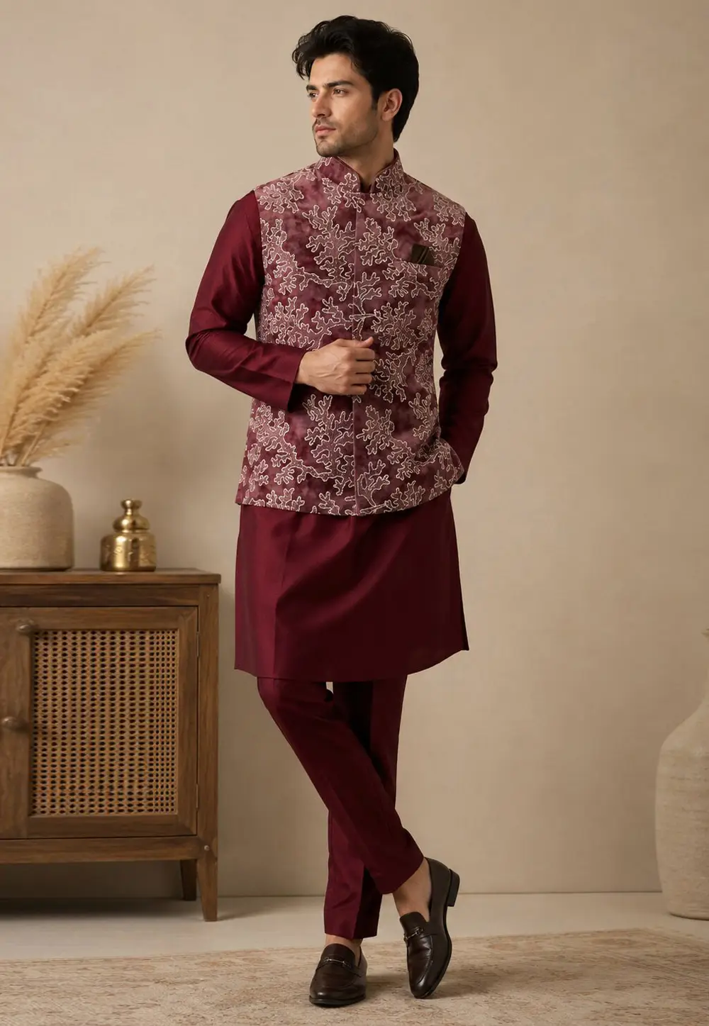 Maroon Silk Kurta Pajama With Jacket 334315