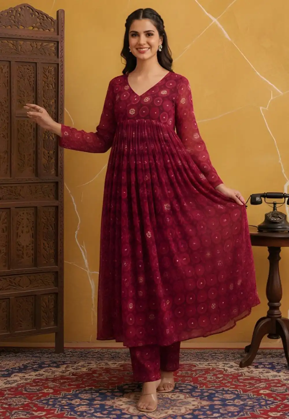Maroon Silk Kurta Set With Pant 321918