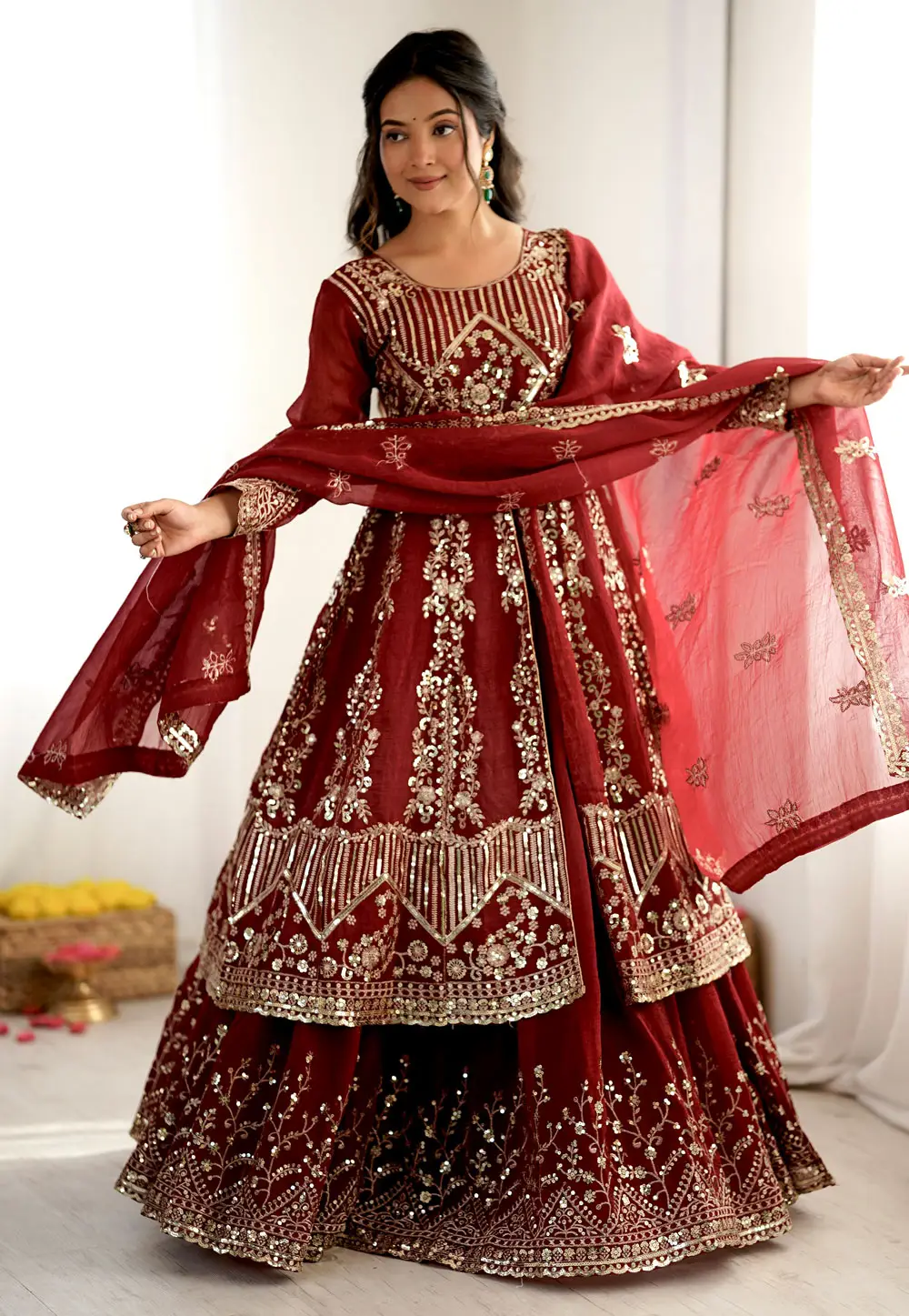 Maroon Silk Long Choli Lehenga 334598