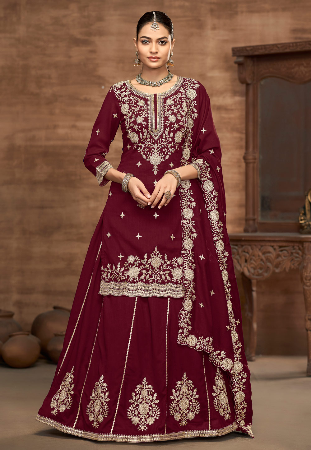 Maroon Silk Long Choli Lehenga 313481