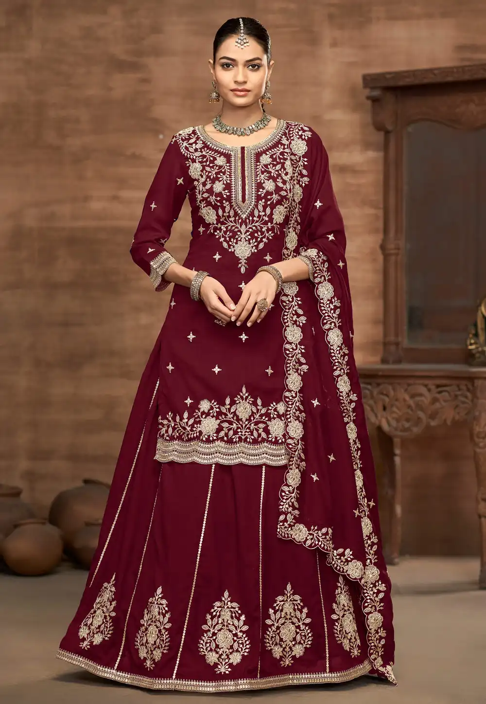 Maroon Silk Long Choli Lehenga 313481