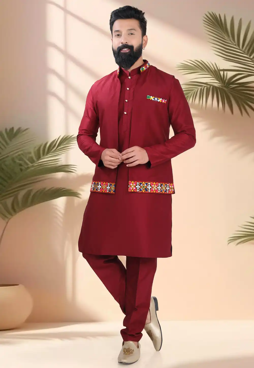 Maroon Silk Navratri Kurta Pajama With Jacket 316322