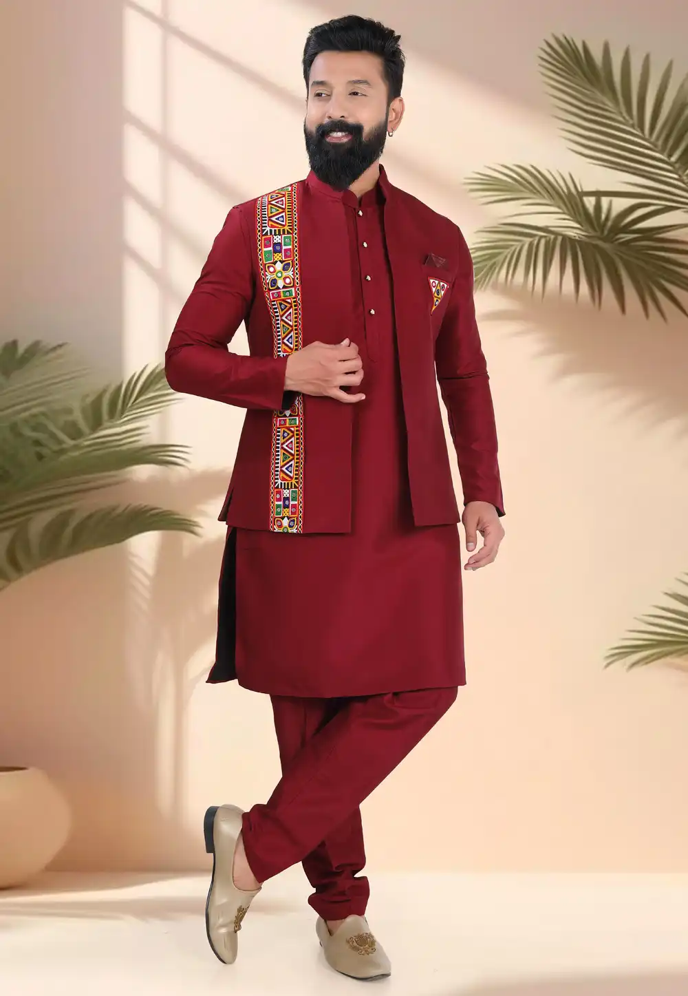 Maroon Silk Navratri Kurta Pajama With Jacket 316323
