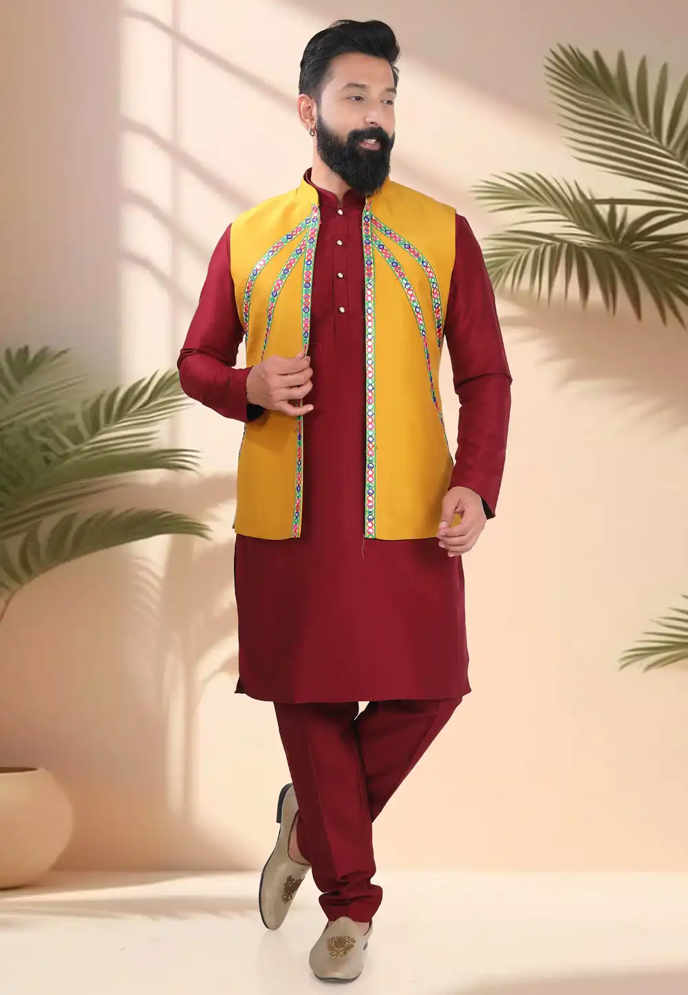 Maroon Silk Navratri Kurta Pajama With Jacket 316324