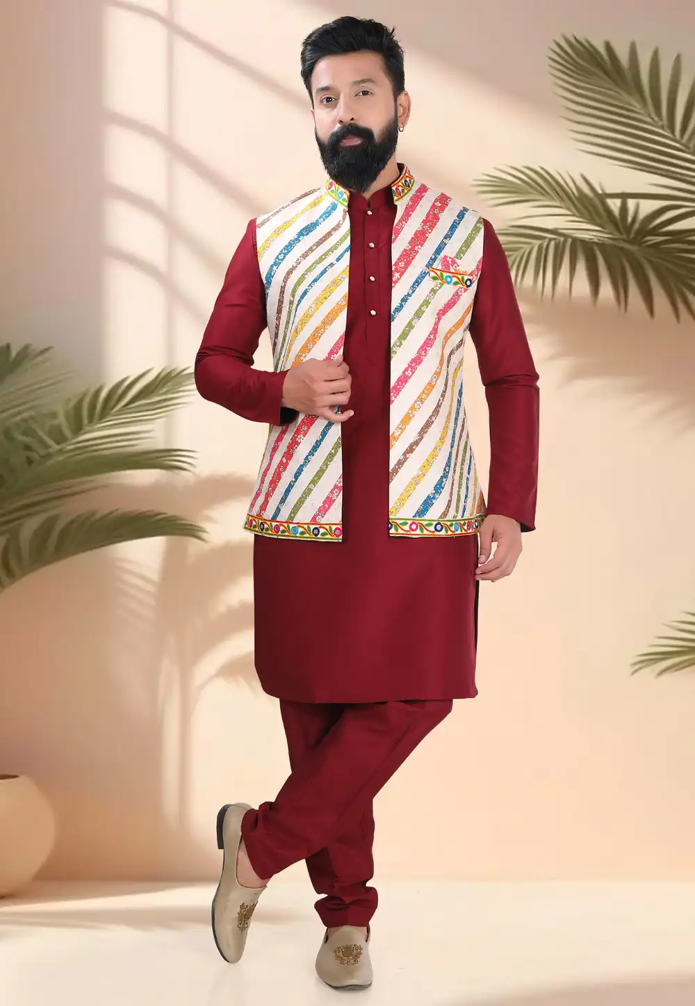 Maroon Silk Navratri Kurta Pajama With Jacket 316325