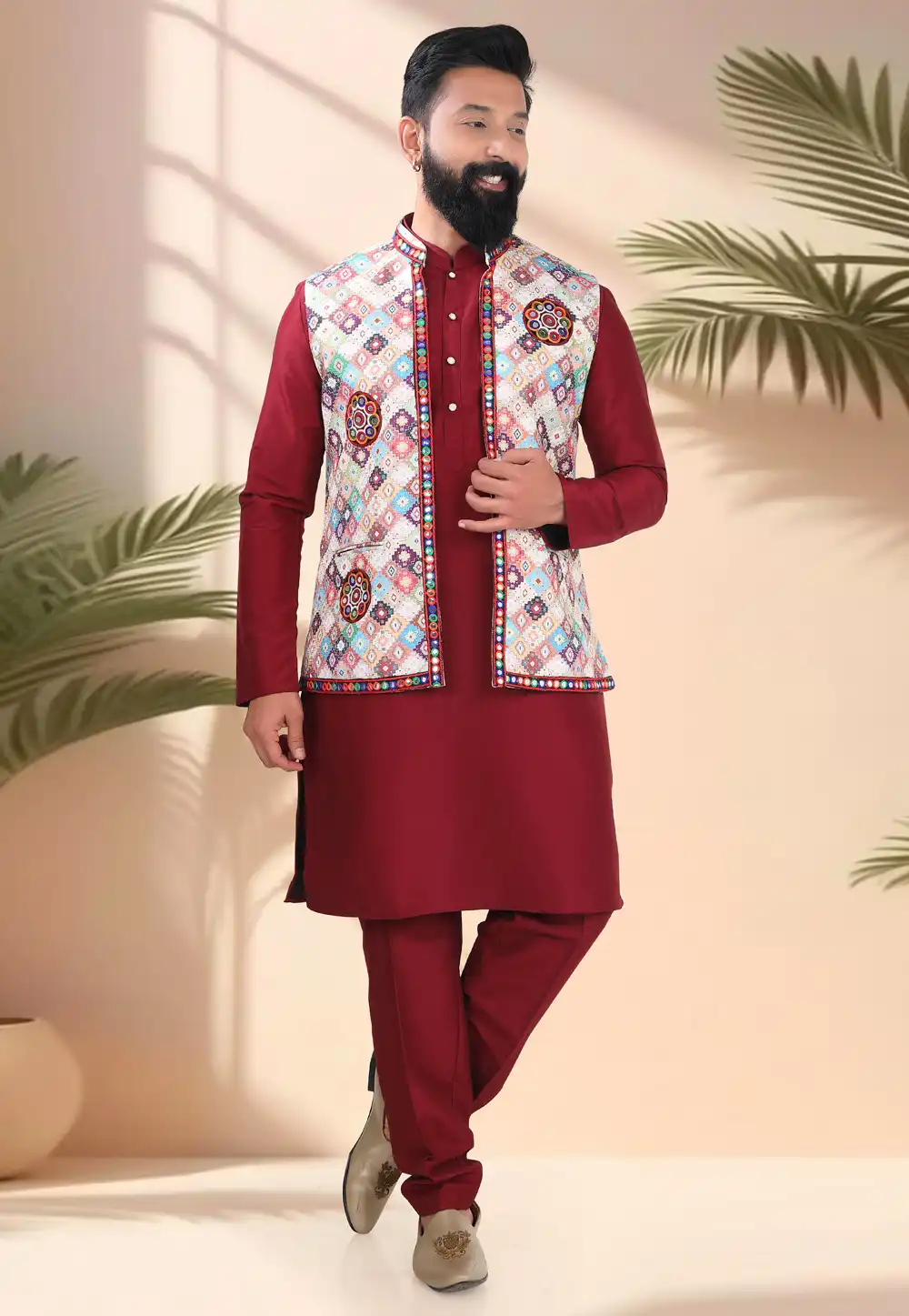 Maroon Silk Navratri Kurta Pajama With Jacket 316326
