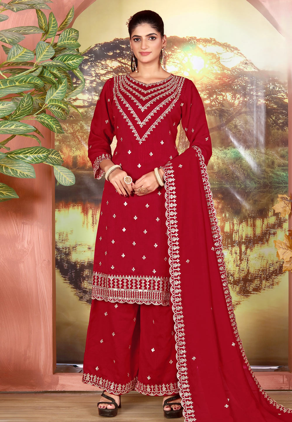 Maroon Silk Palazzo Suit 324752