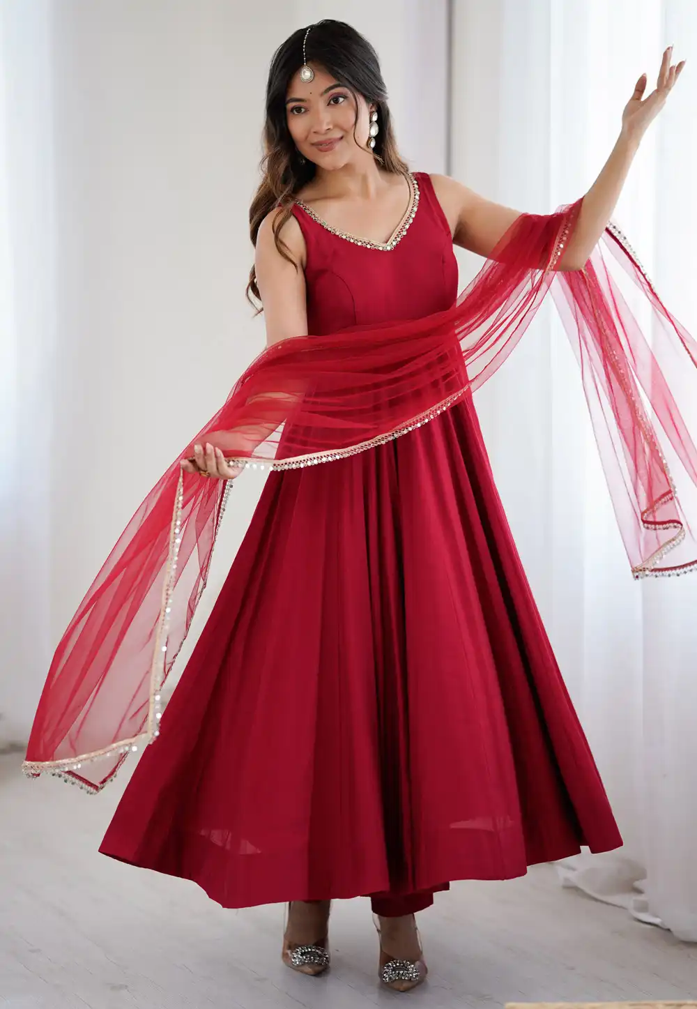 Maroon Silk Readymade Anarkali Suit 316397
