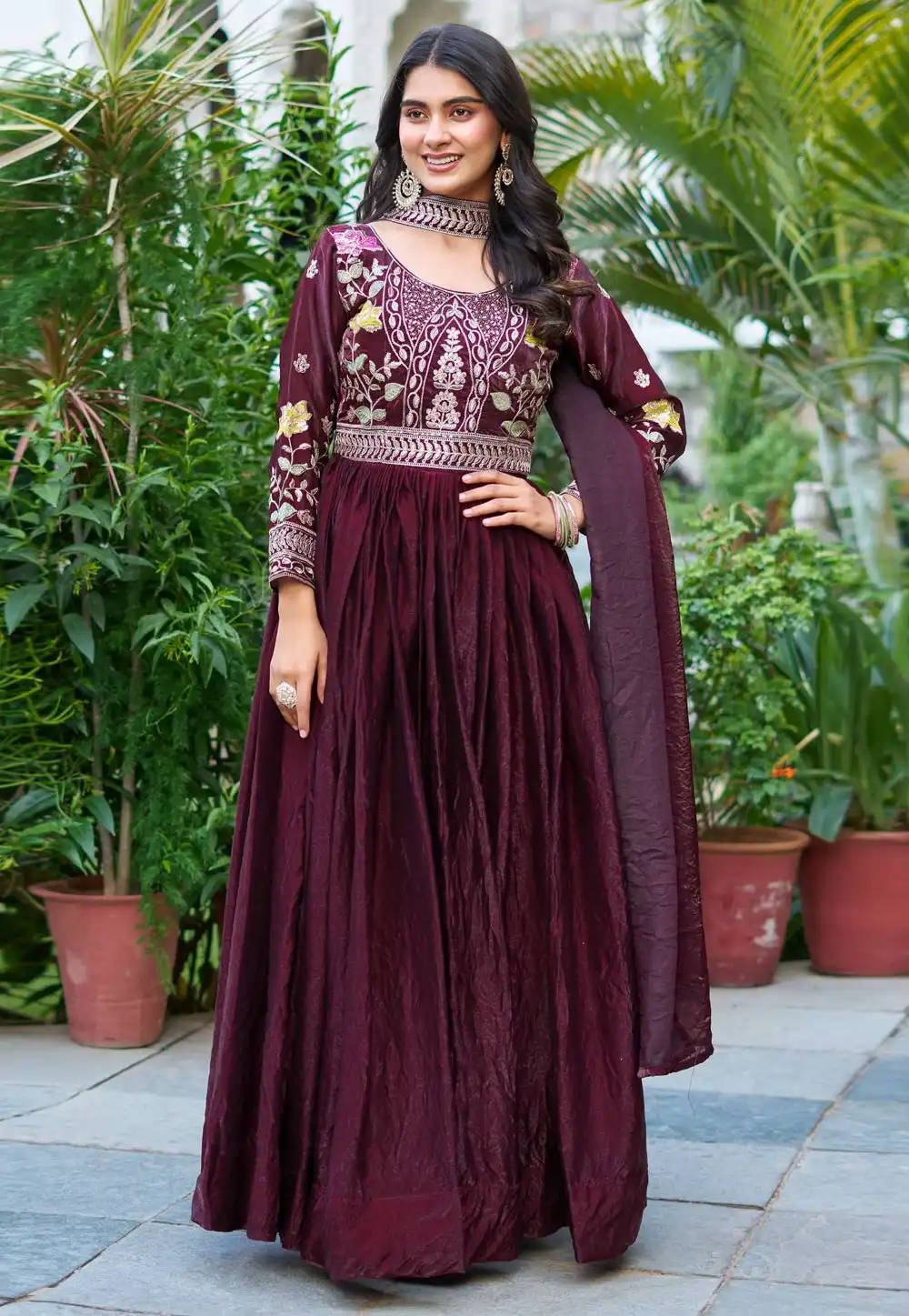 Maroon Silk Readymade Anarkali Suit 316857