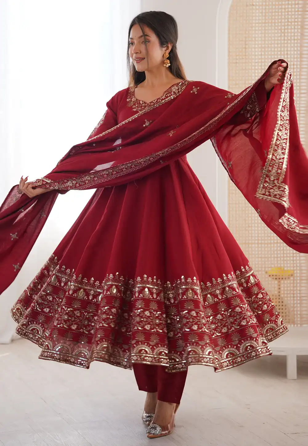 Maroon Silk Readymade Anarkali Suit 324441