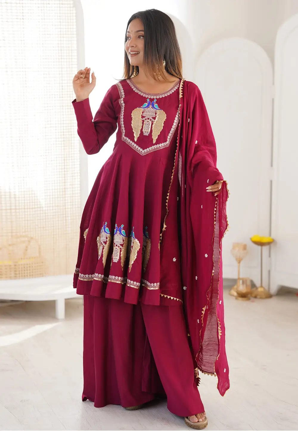 Maroon Silk Readymade Anarkali Suit 335404