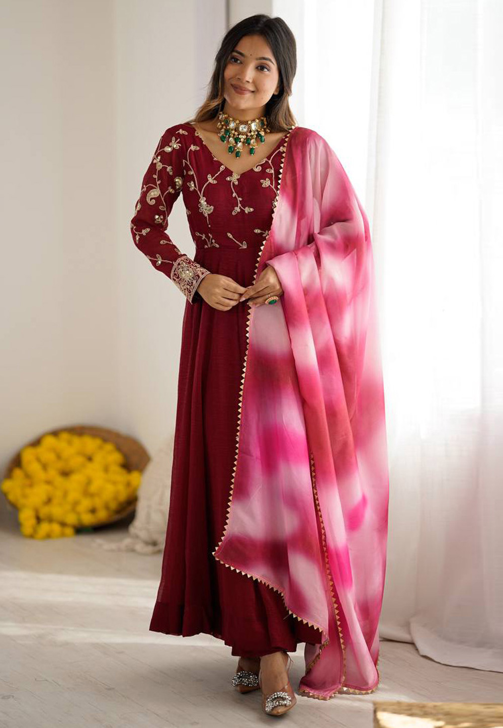 Maroon Silk Readymade Anarkali Suit 321208